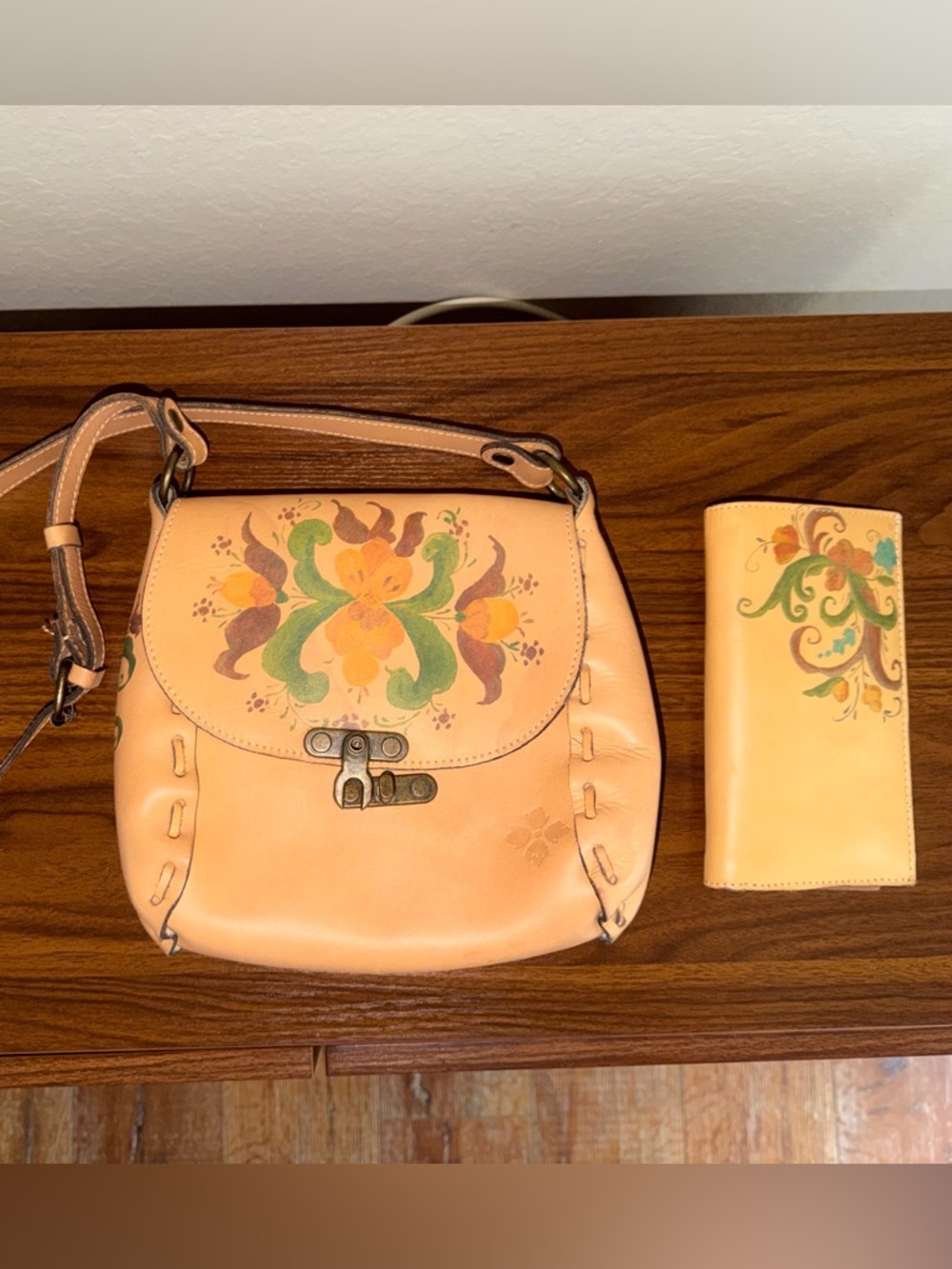 Patricia Nash Hand-Painted Leather Crossbody Bag in Tan and Matching Wallet